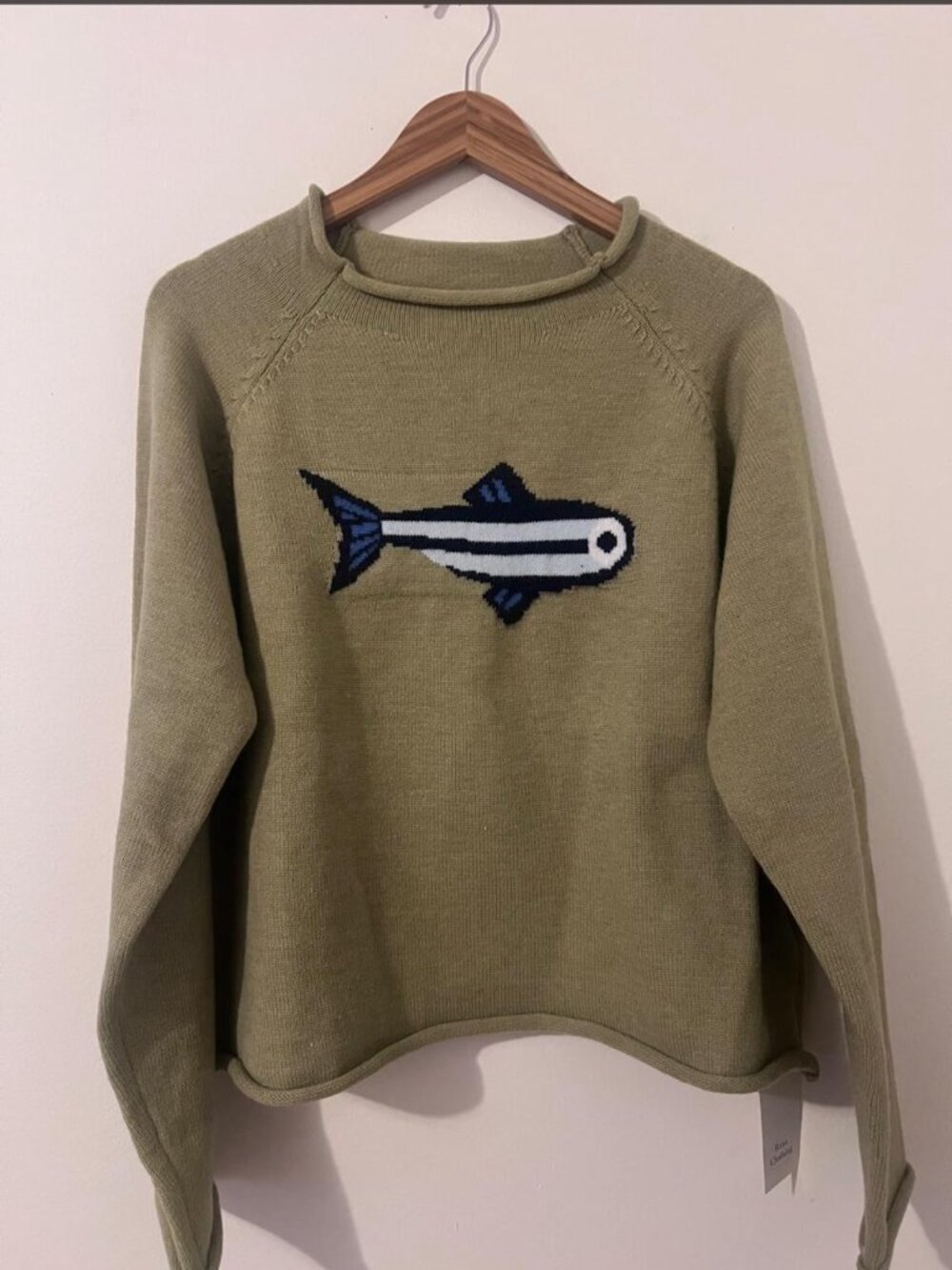 NWT Olive Green Fish Sweater with blue/white fish graphic